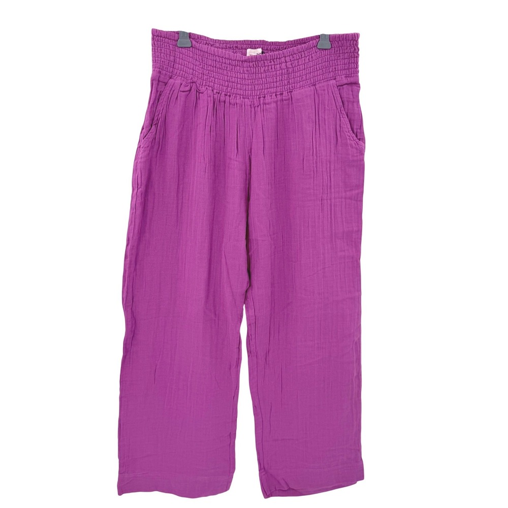 Pact Magenta Purple Organic Cotton Double Gauze Wide Leg Smocked Pants L